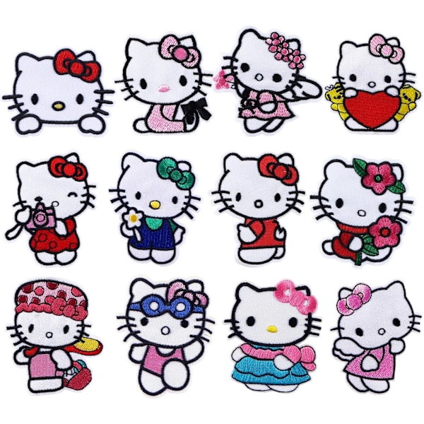 12 st Söta Cartoon Katt Stryk-På-Lapp, Broderade Applikationslappar Stryk-På/Sy-På för Kläder, Hattar, Ryggsäckar