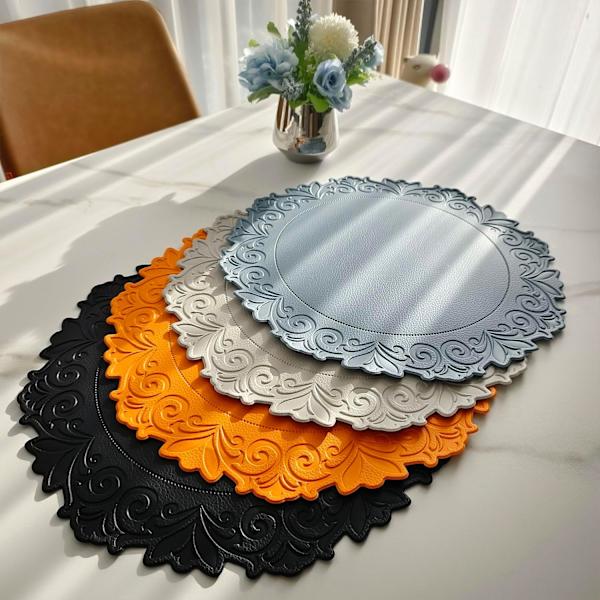 Pyöreä pöytäliina ruokapöytään, 6 kpl setti, Oranssi, PU Vedenpitävä Lämpöeristys Tahrankestävä Liukumaton Pesu Wipe Kit