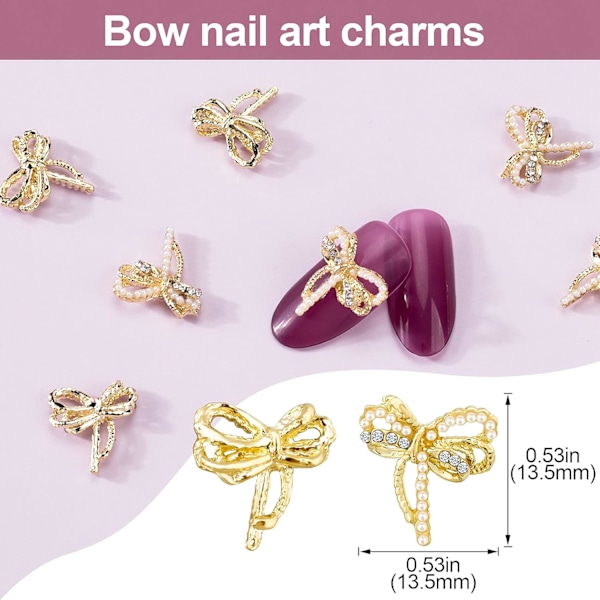 20 st Bågar Nagelkonst Dekoration, 3D Båge Nagel Strass och Pärla Charm Guld Kristallkonst Tillbehör för Kvinnor Flickor DIY