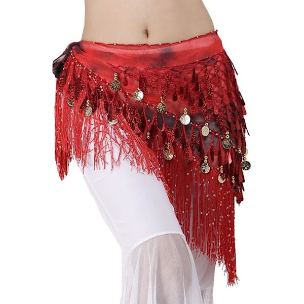 (Rød) Belly Dance Hip Scarf Tassel Sequin Triangle Coin Wrap Skirt Music Festival Kostume