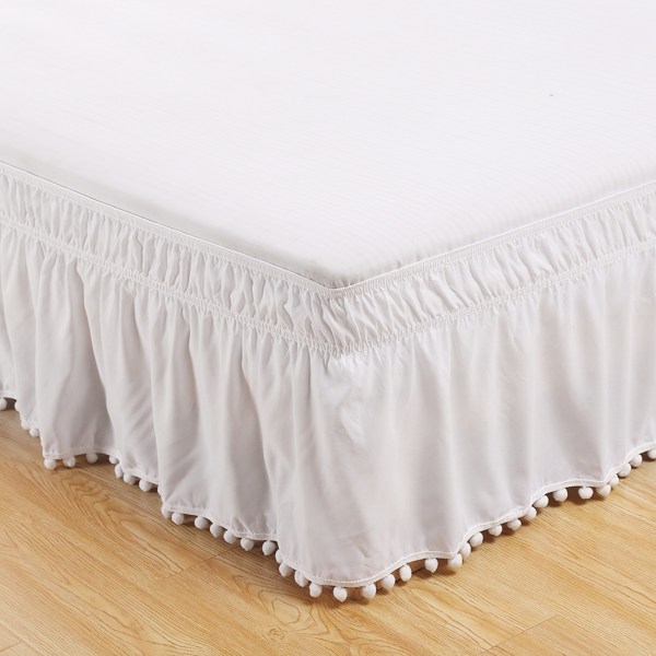 (Valkoinen, 153 x 203 cm+40 cm) Tyylikäs Comfort joustava sänkyhame, jossa hapsut ja tupsut päällä - Wrinkle Re
