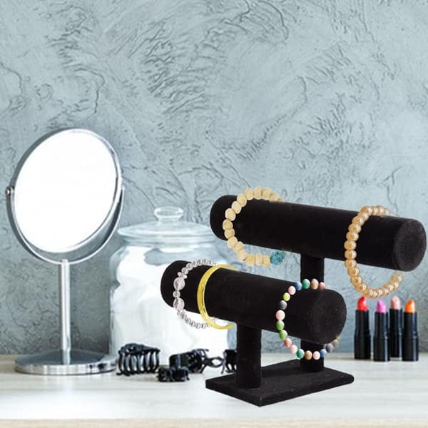 Sort Fløjl Armbånds- og Halskæde Display - T-Bar - 2-lags - Sort