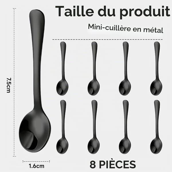 8-dele sæt med små skeer i rustfrit stål til krydderiglas, ministørrelse 7,5 cm, søde små skeer i rustfrit stål (sort)