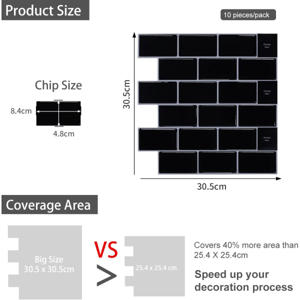 2-Deler Svart (30.5x 30.5cm) Klistremerke Fliser Vegg 3d
