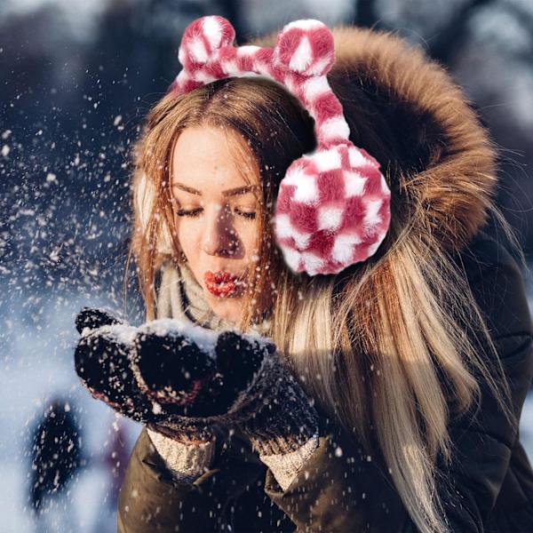 Söta Pompom-Öronmuffar för Flickor, Mjuka Plysch Öronvärmare Rutiga Vinter Utomhus Öronmuffar Justerbara för Barn