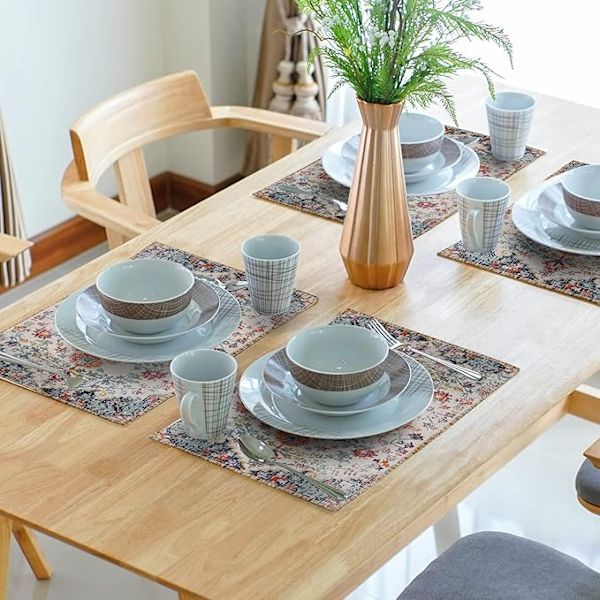 4 kpl Boho-mattojen aluslautasia - Vintage oranssi sininen etninen boheemi kukallinen matto pellava pestävä keittiön ruokapöydän aluslautanen