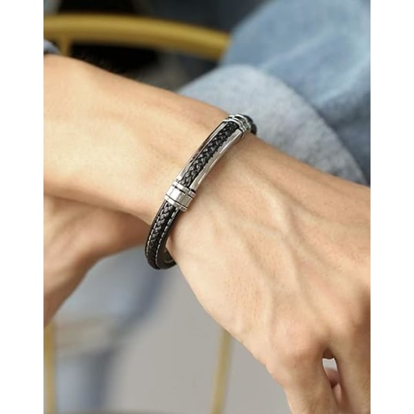 Svart läderarmband för tonårspojkar i silverfärgat rostfritt stål
