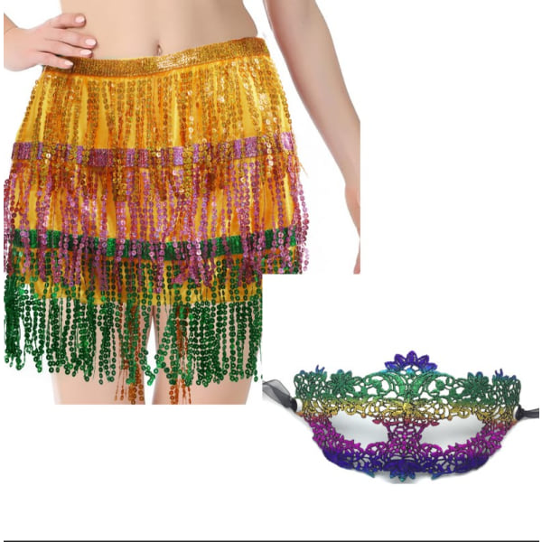Pailletter blonder maske nederdel (farve), 4 lag pailletter frynser nederdel og venetiansk maske, pailletter orientalsk dans
