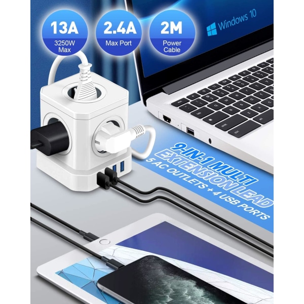 5 uttag med 4 USB-portar, 9-i-1 förlängningssladd 2M, 16A 4000W snabbladdning, multiuttag B