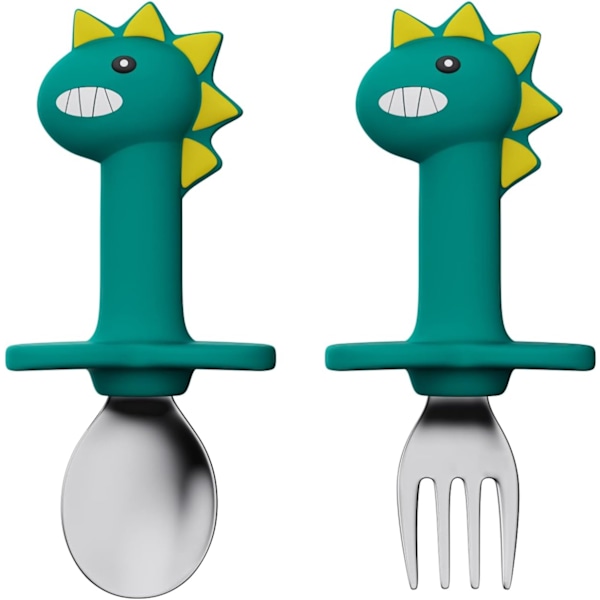 Ruostumattomasta teräksestä valmistettu lusikkakauha ja haarukka turvallinen lasten ruokailuvälineiden sarja kahva Cartoon Cute (Vihreä dinosaurus - lyhyt versio)