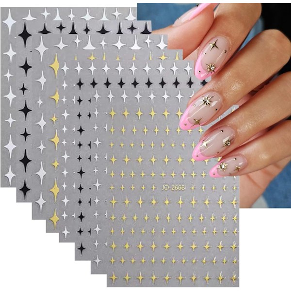 8 Ark Stjärn-Nagelstickers för Nagelkonst 3D Glitter Stjärna Glänsande Guld Silver Vit Svart Stjärnor Nagelkonst Sticker Stjärnljus Nageldesign Nageltillbehör Stjärna