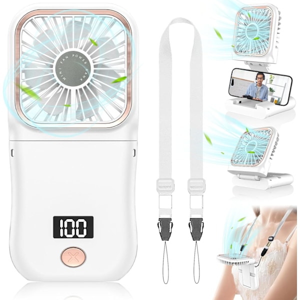 Hvit Bærbar Vifte, 1 stk Mini Håndholdt Vifte med Oppladbart Batteri og LED-Display, Liten Personlig Vifte for Skrivebord, Bord, Reise, Utendørs
