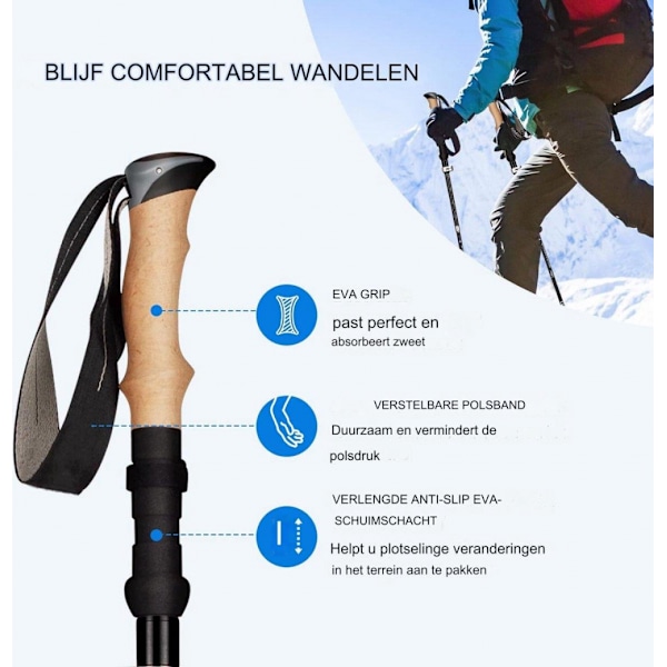 2 stk. Teleskopiske Vandrestave, Justerbar fra 36 til 130 cm, Ultralette, Stødsikre, Skridsikre, Ideelle