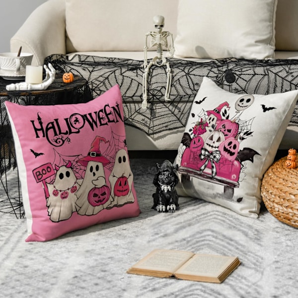 Sett med 4 Halloween Spøkelsesbil Gresskar Puter, 18 x 18 Tommer Rosa Putetrekk Dekorasjon for Sofa