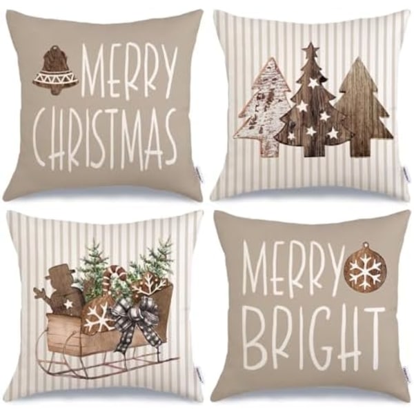 Christmas Pillow Covers 18 x 18 Inch Set of 4, Striped Wooden Tree Snow Sleigh Merry Bright Xmas Holiday Decor Decorativ