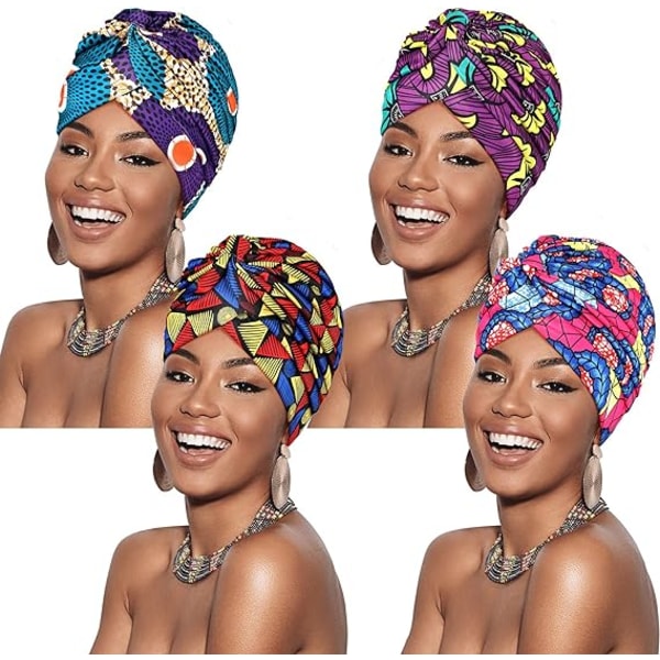 (Style Élégant) 4 Multicolore Casquettes Turbaner Africains Bonnet Plissé Turbans de Tête