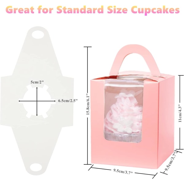 Rosa 30 st individuella cupcake-lådor med insats, handtag och fönster