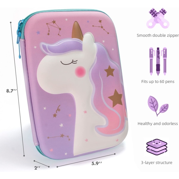 Unicorn case för flickor, söt 3D EVA Pe med stor kapacitet