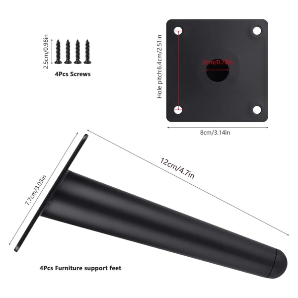 Set med 4 Charge möbelben, 12 cm metallskåpsben, koniska bordsben, möbelben för skåp