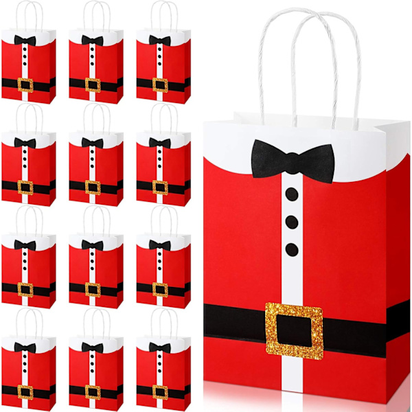 16 Styk Julegaveposer Store Julemandsdragt Trykte Poser med Håndtag, Holdbar Kraftpapir Juleposer Gave