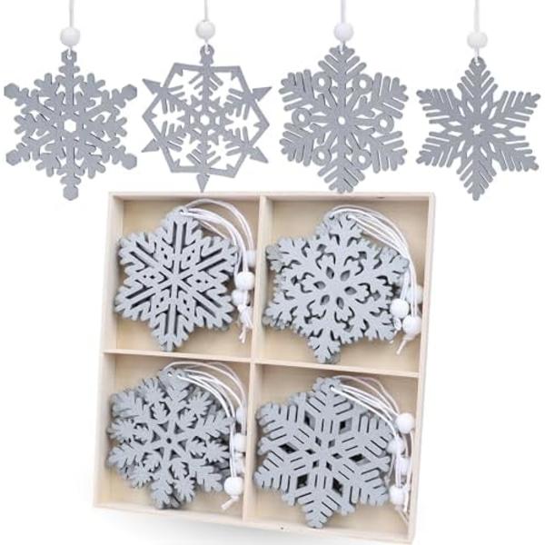 Silver Snöflinga Julgranspynt 3 tum Trä Snöflingor Pynt för Vinter Hem Girlang Julgran Dekoration