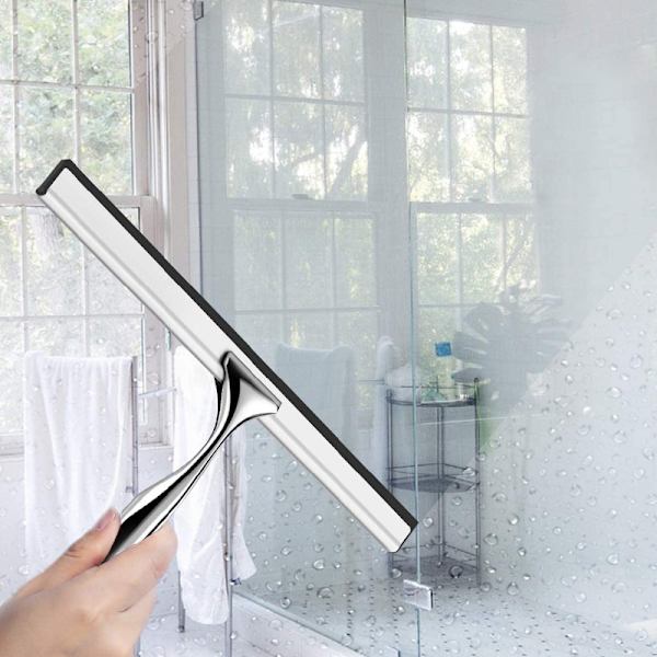 Dusj-squeegee i rustfritt stål, silikon dusj-squeegee med krok, ingen boring, vindusvasker for bad, speil, fliser