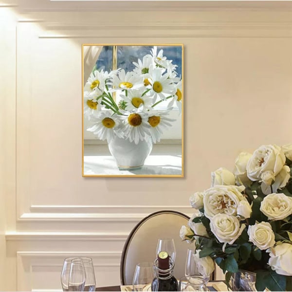 (30x40cm)5d diy diamantmaleri White Daisies Vase Keramik