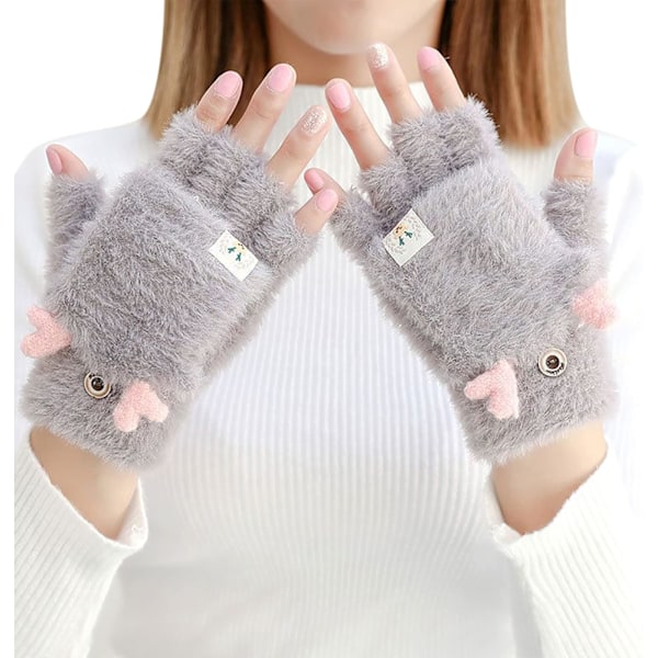 Damer Vinter Konvertible Flip Top Fingerløse Handsker Piger Fluffy Sød Gevir Touch Screen Vanter