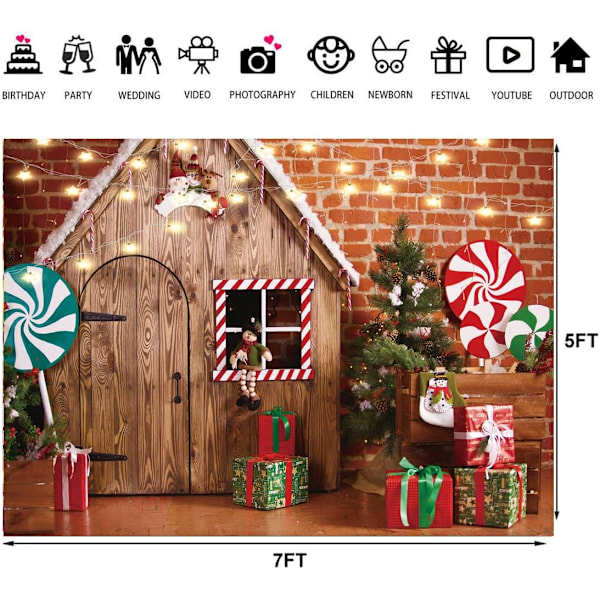 7X5ft Jul Foto Bakgrunn Juleribhus Pepperkakehus Godteri Tre Fotoseanse Bakgrunn for Barn Portrett Foto Studio