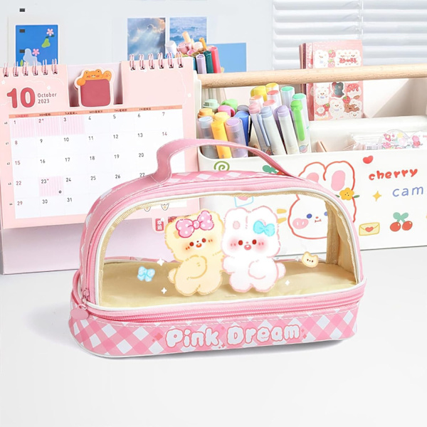 Sød blyantæske kawaii blyantæske smuk stor kapacitet blyantæske skoleartikler Pink bunny
