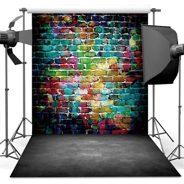 1 stk Graffiti Fotobaggrund, 5x7 ft Farverig Murstensvæg Vintage Cementgulv Baggrund til Studiorekvisitter Foto Ba