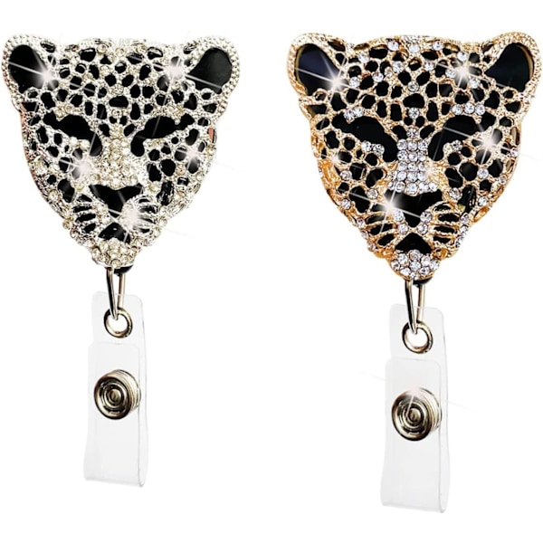 Guld- och silverfärgad infällbar ID-brickahållare med klämma, leopardmönstrade ID-namnmärkesrullar med bling-strass infällbar korthållare för kontorsarbetare Te