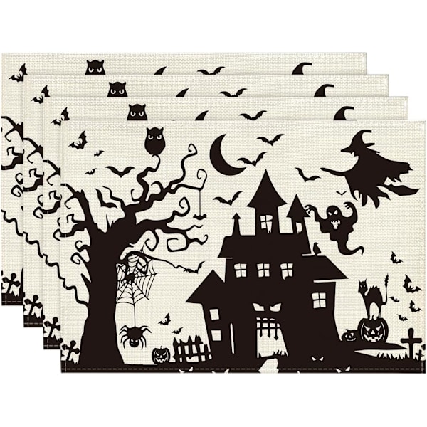 Sett med 4 svarte og hvite spøkelsesaktige hjemsøkte hus, tre, spøkelse, heks Halloween-underlag, 12x18 tommer sesongmessig høstferiebord M