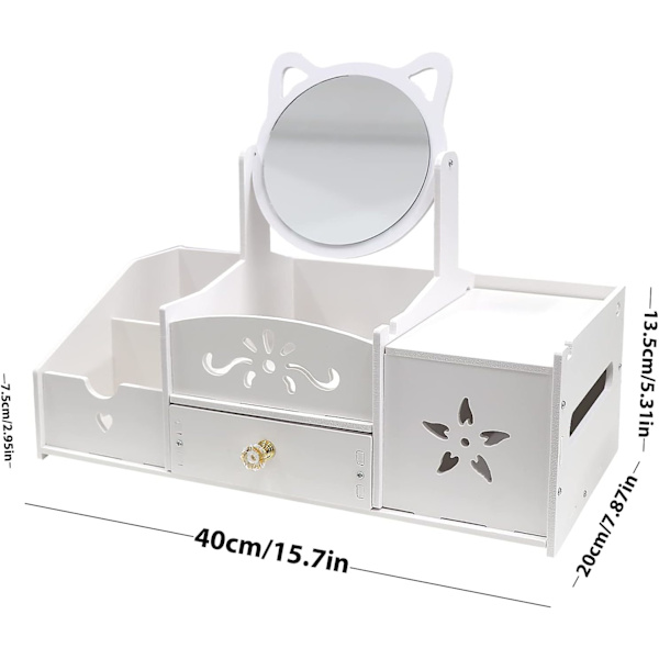 (rund spejl) Makeup opbevaring Multifunktionel arrangør, Hvid skrivebord badeværelse arrangør, Makeup St