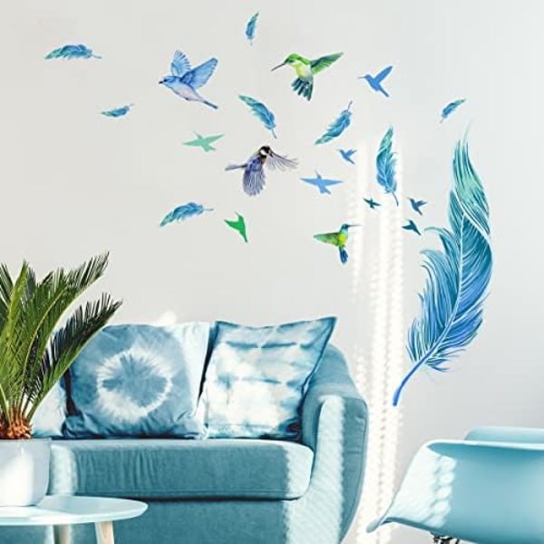 (30×60×0.2cm) Blå fjäder väggdekaler Kolibri väggdekaler för vardagsrum Sovrum Matrum Dekoration