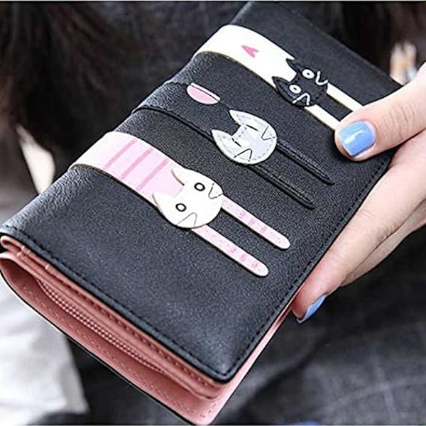 Mini Falskt Läder Bifold Söt 3 Katter Blixtlås Clutch Väska Underbar Lång Söt Katt Plånbok Handväska för Black