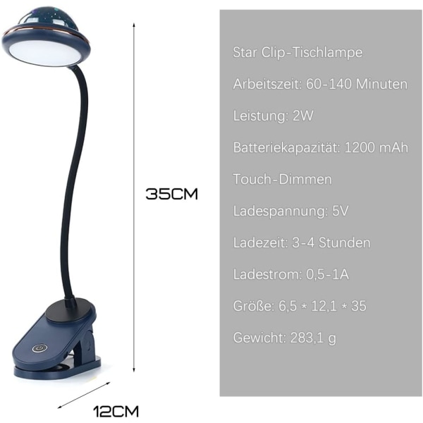 (Sininen) Leikkimätön lamppu lapsille, USB-ladattava LED-leikkimätön lukulamppu tähtiprojektiolla, 4000k hanhenkaula