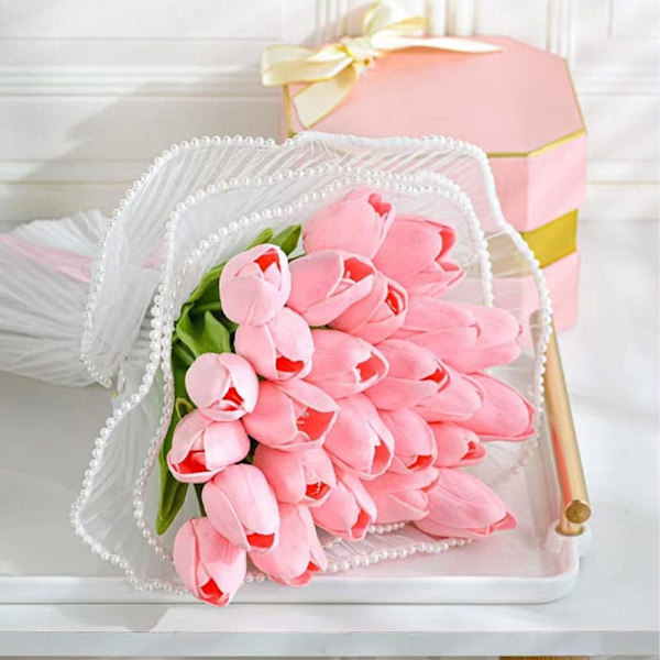 4 Yards Hvit Blomsterinnpakningsnettpapir, Perle Kant Bukett Emballasjepapir Rynket Gjennomsiktig for Festgavedekor