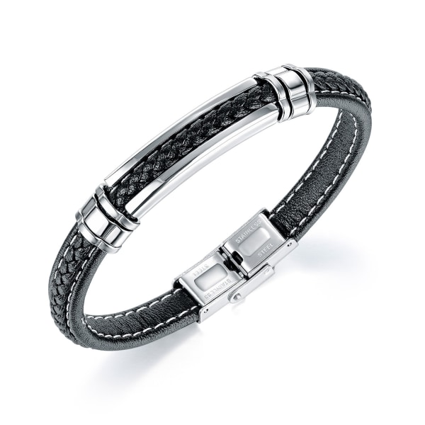 Svart läderarmband för tonårspojkar i silverfärgat rostfritt stål