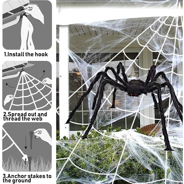 Edderkoppnett 500cm, gigantisk edderkopp 125cm, 20 små edderkopper, 40g edderkoppnett - Halloween-dekorasjon Triang