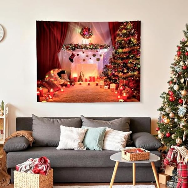 150x100cm Svartlys Jul Veggteppe for Soverom Estetisk Svart Lys Jul Peis Tre og Lys UV Re