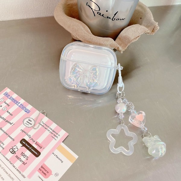 1 stk. etui til AirPods 4 med nøglering, stødabsorberende blødt gennemsigtigt sødt 3D Crysta sløjfe design cover med bling hjerteperler