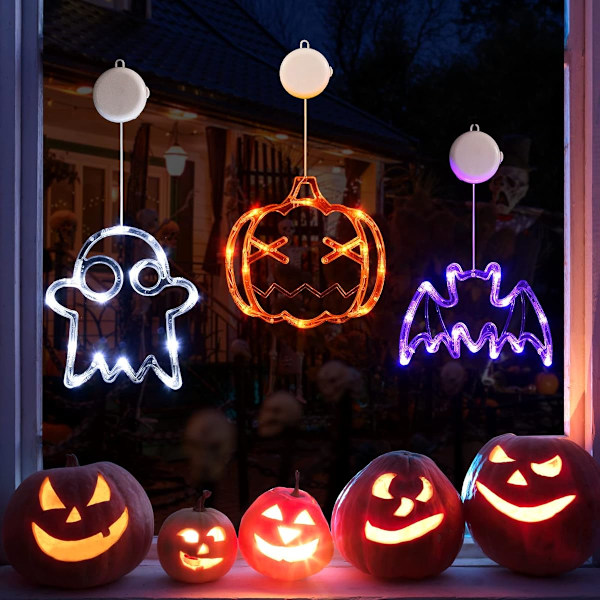 Halloween Dekorationer 3-pack Orange Pumpa, Vit Spöke, Lila Fladdermus Halloween Fönsterlampor med Sugkopp