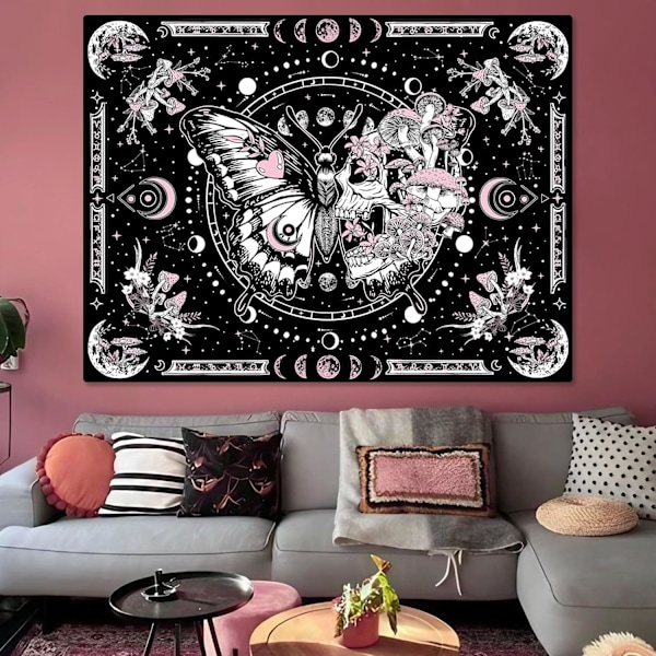 (Rosa, 152 cm x 112 cm) Skelett Fjäril Tapestry Rosa Dödskalle Hippie Svamp Växter Tapestry för Sovrum Månfas Estetiska Tapestries Väggbonad för L