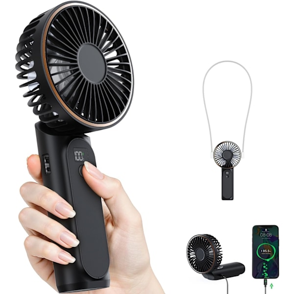 1 Styck Portabel Fläkt, 180° Vikbar Minifläkt, 6 Hastigheter, LCD-Display, Ultra-Tyst, 4000mAh, Fickformat, Lämplig för Inomhus- och Utomhusbruk, med Snodd