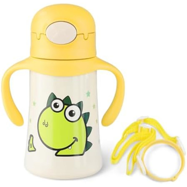 8x16,5cm Dinosaur Sippy Cup i Rustfritt Stål med Justerbar Stropp, Vannflaske for Barn med Håndtak, Isolerte Småbarnskopper