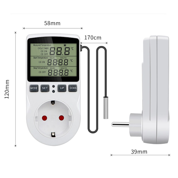Stikkontakt Termostat Digital Temperaturregulator Opvarmning Køling med Probe, LCD Stikkontakt Temperatur