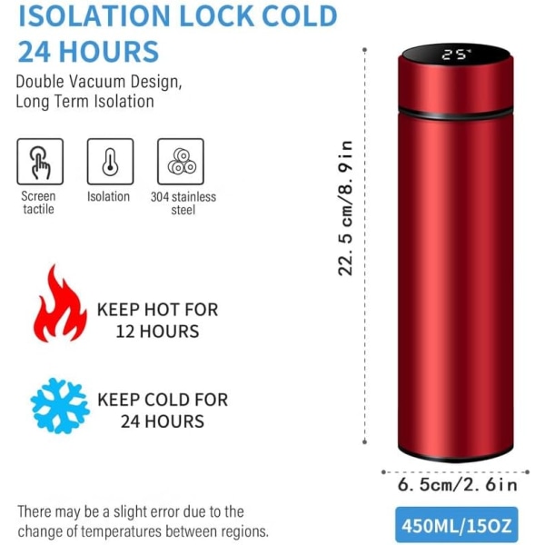 Röd Smart vattenflaska i rostfritt stål med Smart LCD-pekskärm, Håll varm eller kall, Portable Trave