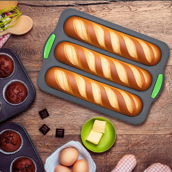 st Silikon Baguetteform, 3 Fack Baguetteplåt, Ugn Bröd Baguetteform, Non-Stick Form, Lämplig för Bakning av Baguetter och Varmkorv i Ki