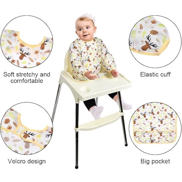3-pack babyhaklappar med ärmar, vattentäta haklappar med ärmar, lång polyestertyg, vattentät unisex